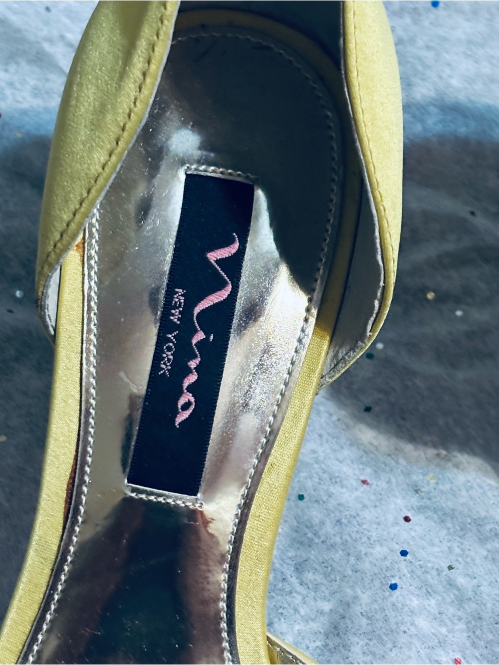 Nina Yellow Satin Peep-Toe Heels with Crystal Brooch - Picture 4 of 8